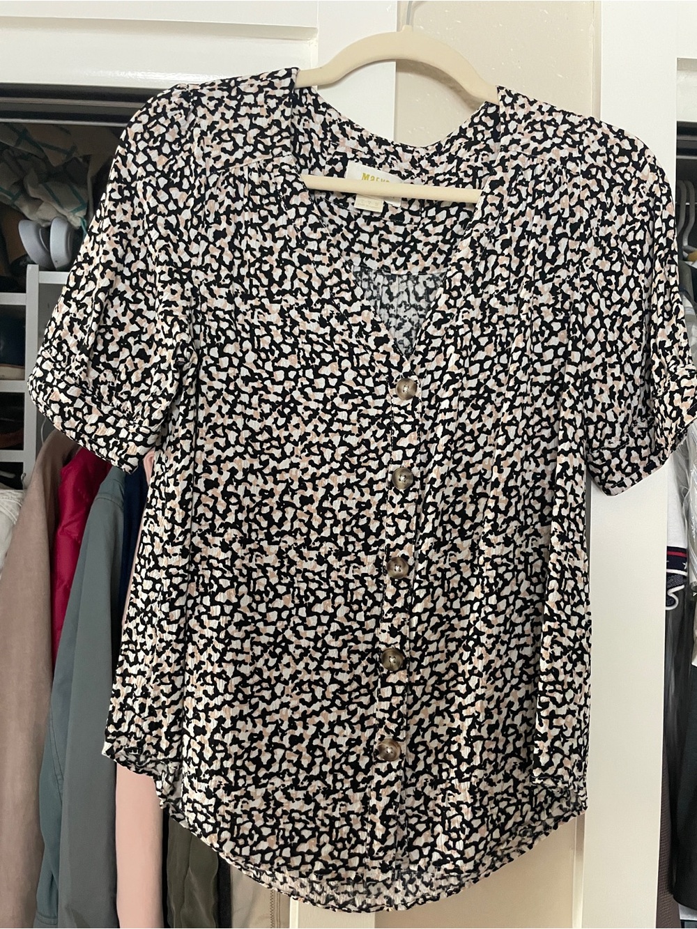 Anthropologie Black and Cream Button-Front Printed Blouse